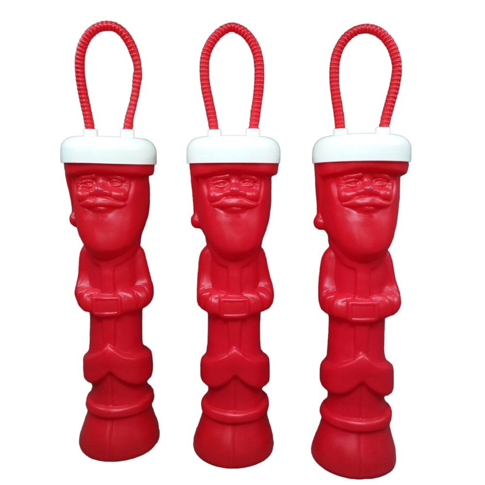 Vtg Christmas Santa Longnecker Cups Red with Straws Lids 13" Tall LOT OF 3
